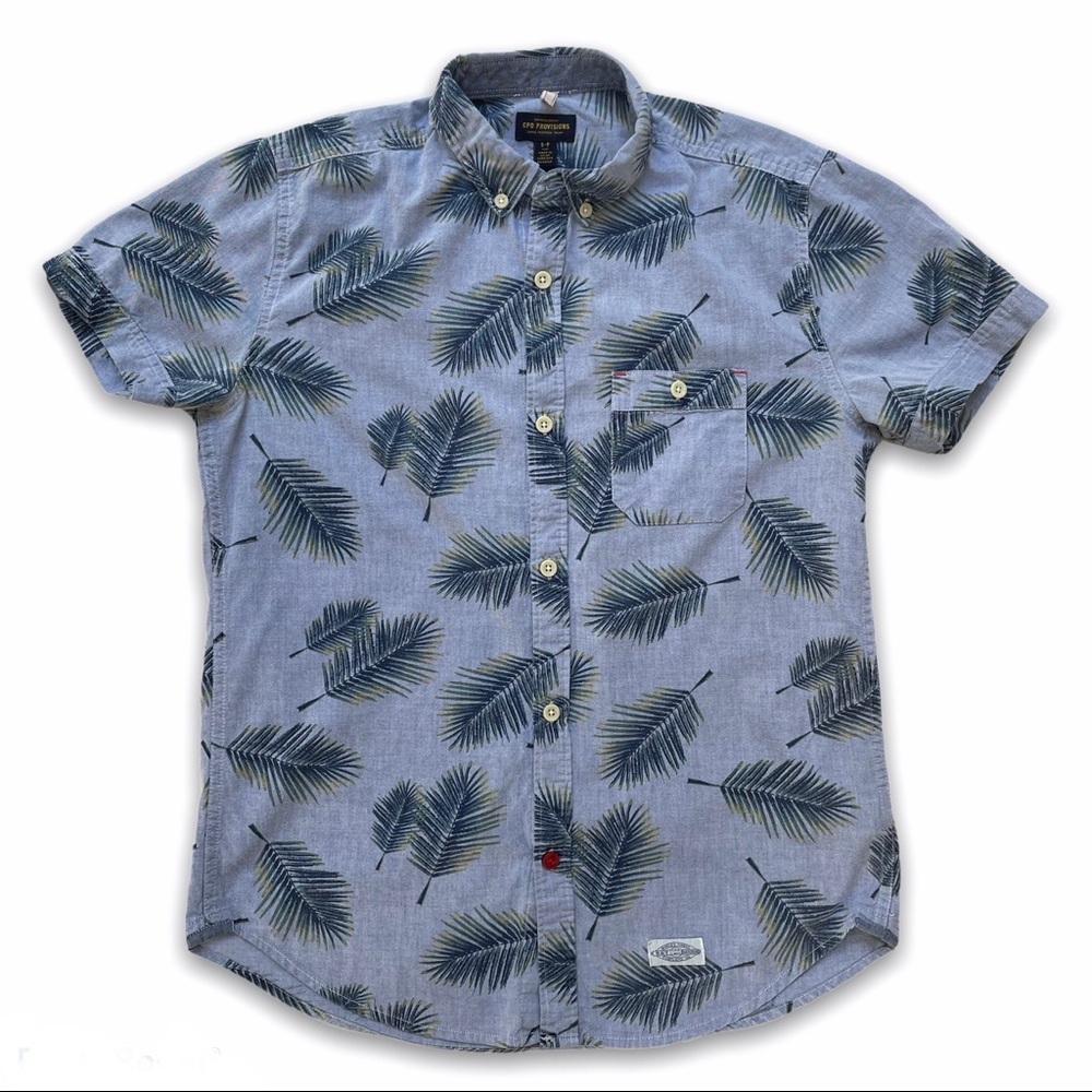 Chambray Palm Print s/s button down shirt